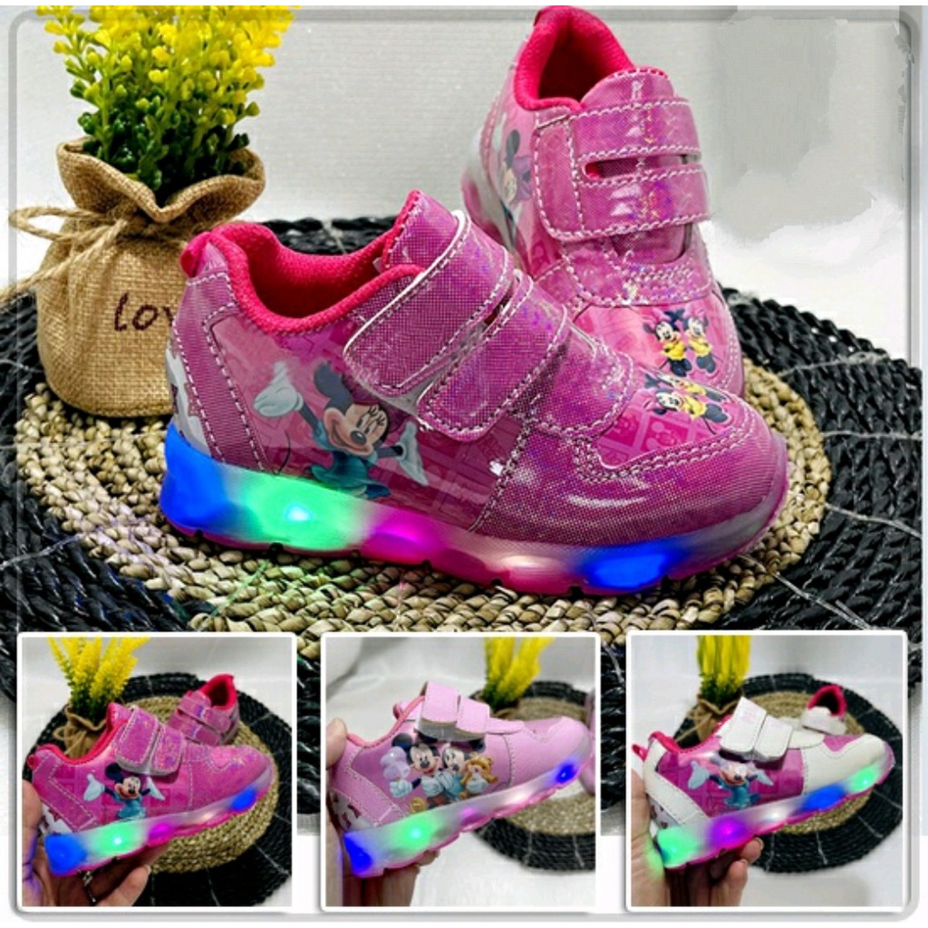 Sepatu Sneakers Lampu LED Nyala Anak Perempuan Mickey Minnie Mouse/ Sepatu Kets Kasual Ban 2 Anak Ce
