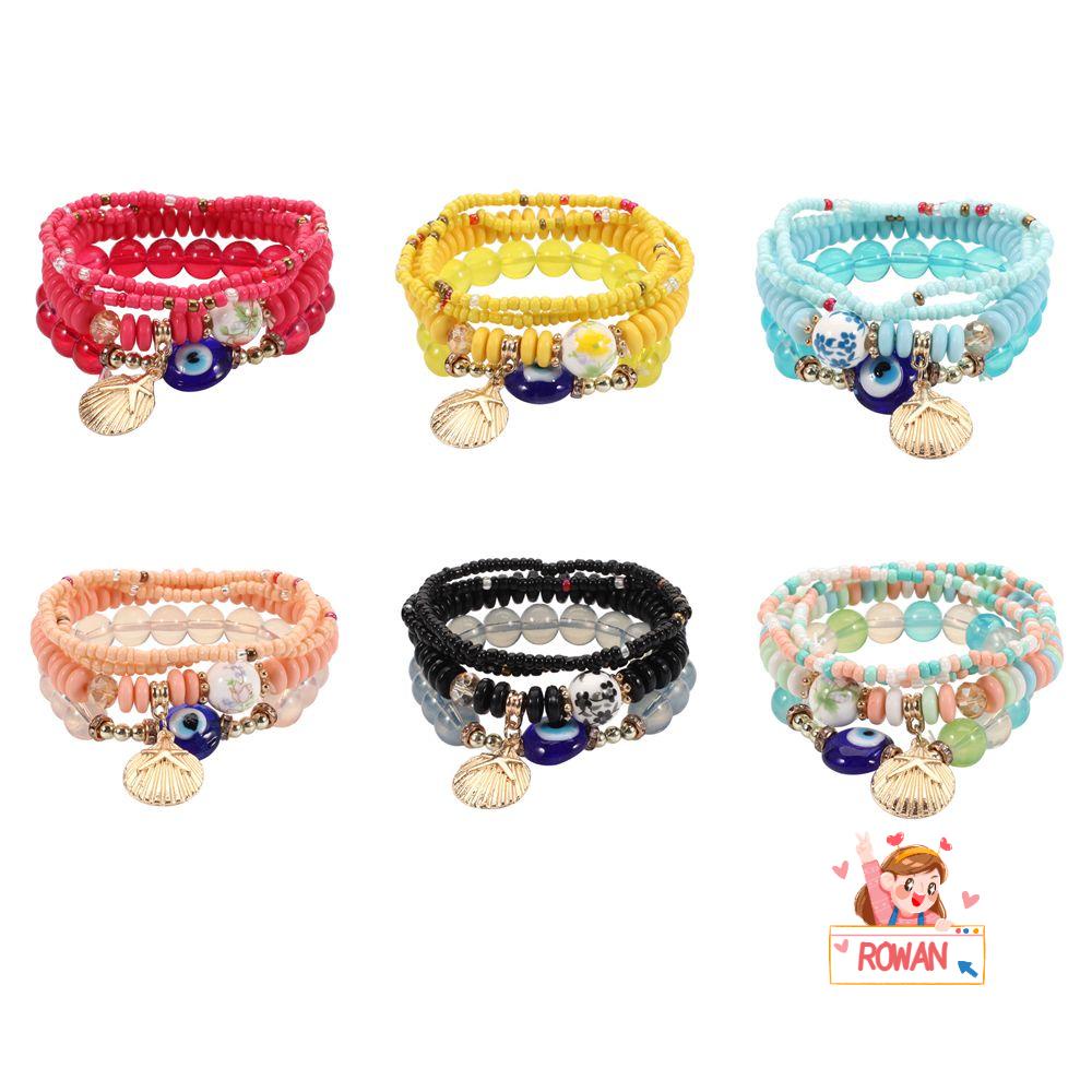 4pcs / set Gelang Multilayer Charm Kerang Mata Jahat Gaya Bohemia Untuk Hadiah