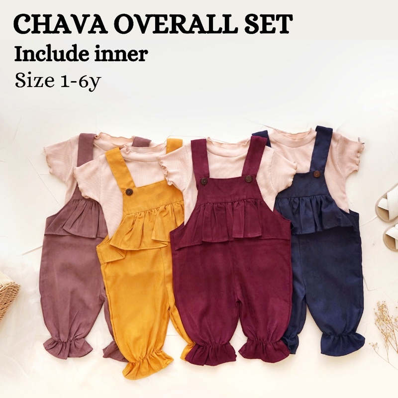 CHAVA OVERALL SET + INNER JUMPSUIT ROMPER BAJU KODOK ANAK PEREMPUAN DAPAT DALAMAN RIB