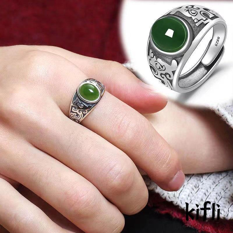 Cincin Giok Hetian Imitasi Lapis Silver Model Terbuka Dapat Disesuaikan Gaya Vintage Untuk Unisex