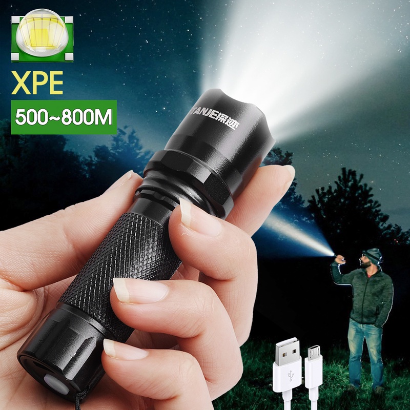 Lampu Senter LED Darurat 3 Mode Fokus / Zoom Anti Air USB Rechargeable Untuk Hiking / Camping / Lari Malam Hari