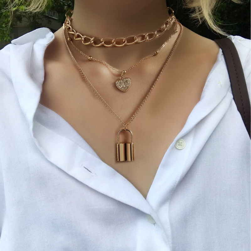 YEEZII Kalung Choker Rantai Banyak Lapis Warna Silver / Emas Gaya Retro Untuk Wanita