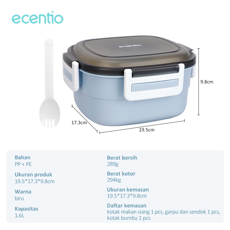 ecentio &amp; FOODI 1.6L tempat makan anak 2/3 susun icy block lunch box set anti tumpah biru salad/lunch box set 1600ml tempat bekal/double-layer lunch box set/Free sauce cap/Free sendok set