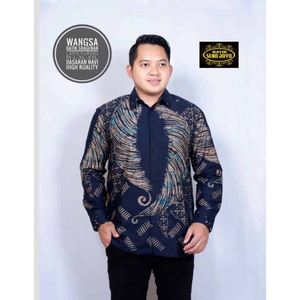 Kemeja batik lengan panjang warna biru navy / batik pria terbaru warna biru dongker / batik pria lengan panjang terbaru 2022 / baju batik panjang terlaris / kemeja batik kerja / kemeja batik pesta terbaru / batik panjang navy WANGSA