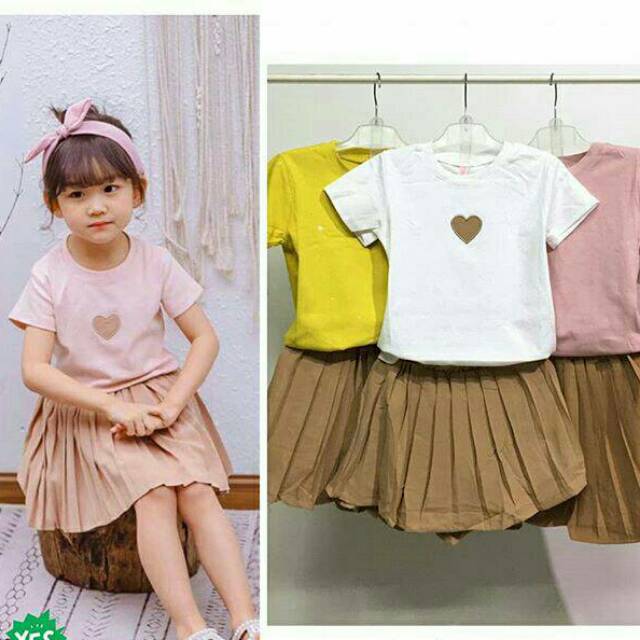 Pakaian stelan set kaos putih tangan pendek rok rempel coklat import gaya korea anak cewek perempuan