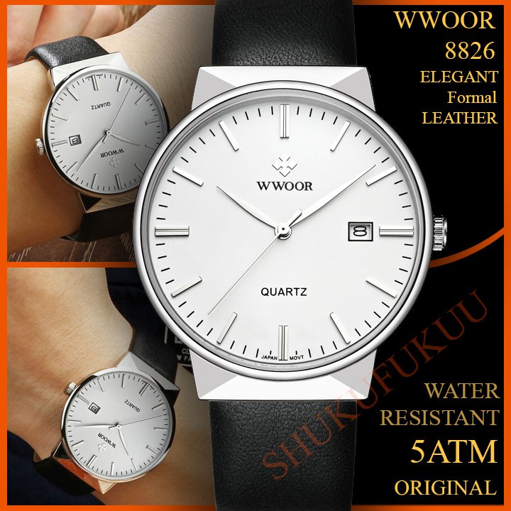 WWOOR 8826 Jam Tangan Pria Klasik Tali Kulit - White - Original - Anti Air