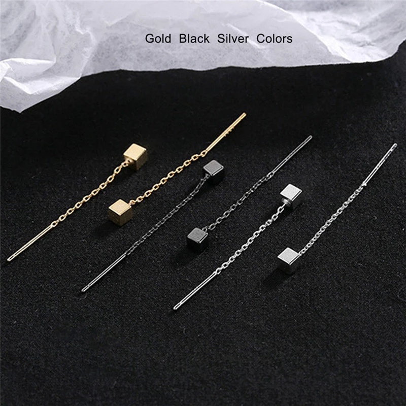 1 Pasang Anting Rumbai Panjang Bentuk Kubus Geometris 3 Warna Bahan Alloy Gaya Korea