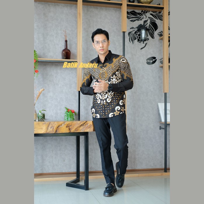 Kemeja Batik Pria Slim Fit Lengan Panjang Modern Heem Elegant Premium Bahan Katun Solo Halus Warna Hitam