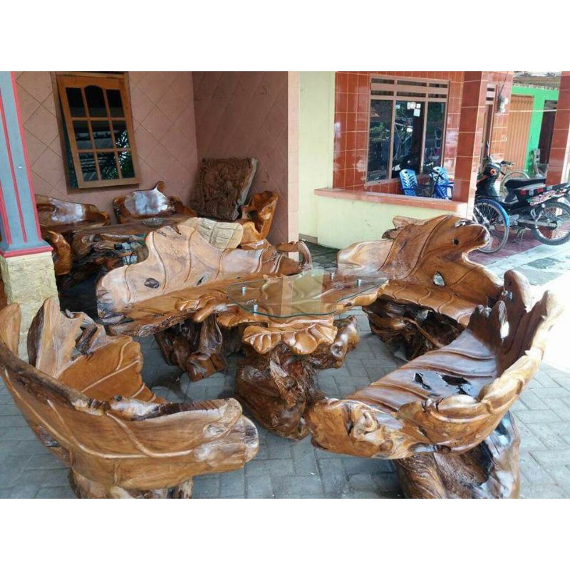 Set meja tamu akar jati / meja jati desain daun / meja kursi jati antik