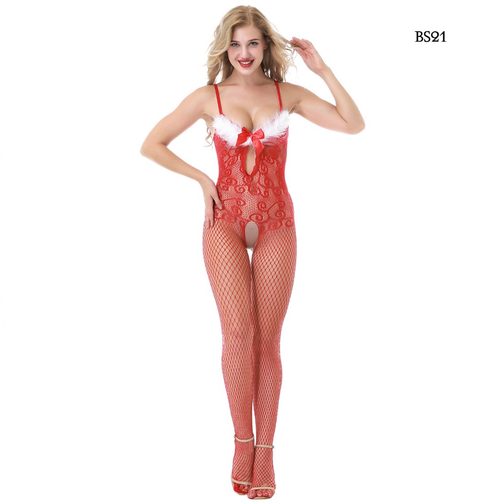 [ NEW ARRIVAL ] BODY STOCKING SEXY LINGERIE OPEN CROTCH MOTIF MERAH BS21