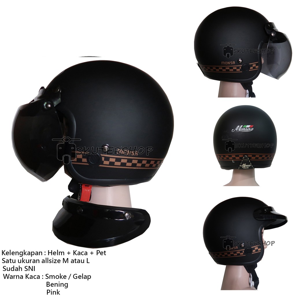 Andriawan Helm Bogo Retro Klasik JPN Jap Style Monsa 01 Medium 03 Hitam Doff Motif Gold + Kaca + Pet