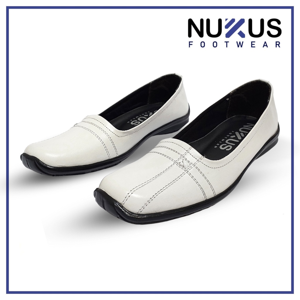 Nukus Sepatu Pantofel Flat Putih Wanita Kulit Sapi Asli - NPW P02