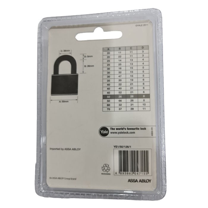 Yale YE1-50-126-1 Essential Solid Brass Padlock 50mm Gembok