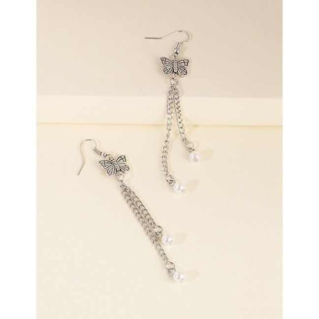 LRC Anting Gantung Fashion Silver Ancient Silver Tassel Butterfly Pearl Alloy Earrings K43713