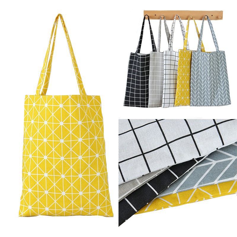 JE249 Totebag Motif Tas Bahu Tote Canvas Kanvas Eco Bahan Linen Motif Kotak Kuliah Kerja