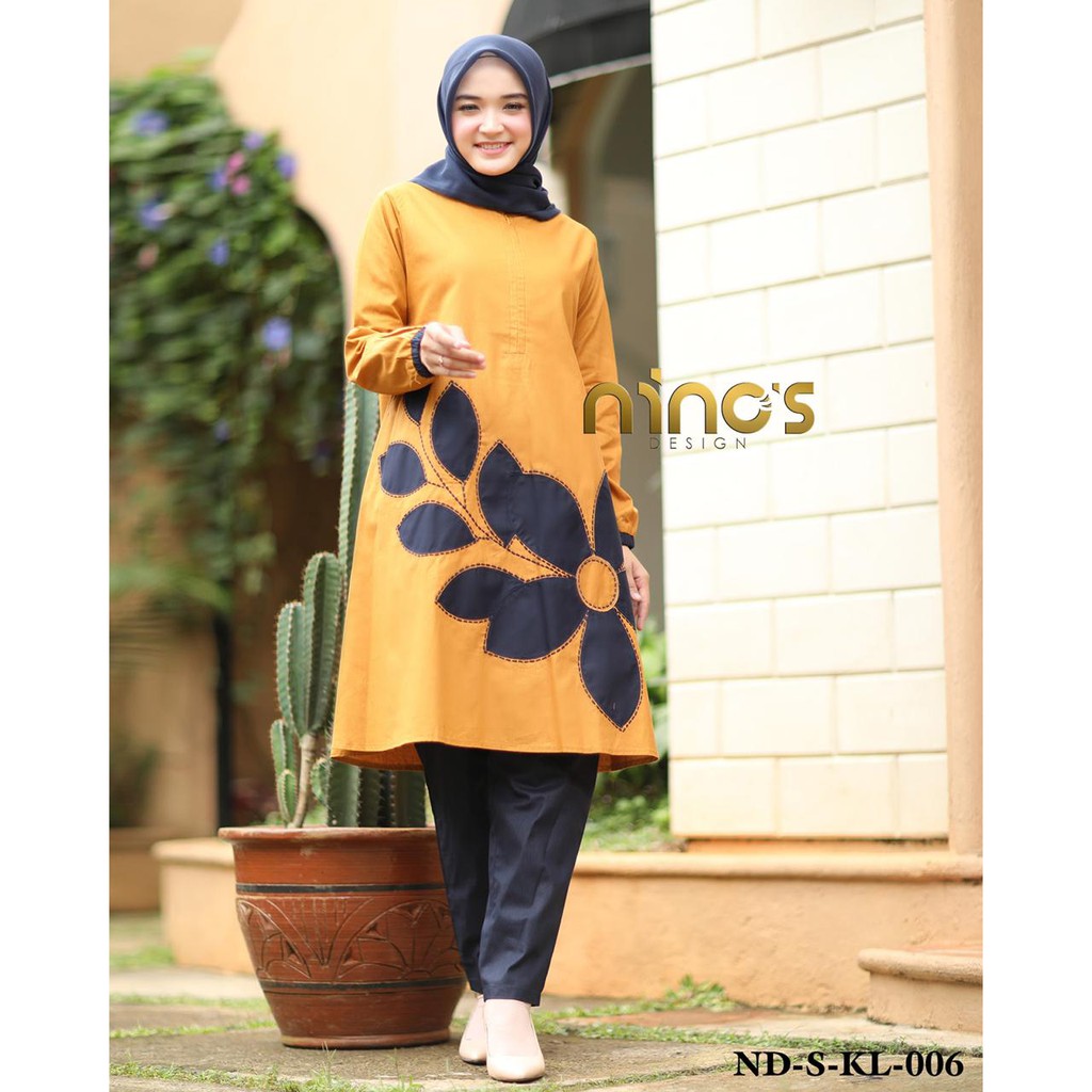 NDSKL 006 by Ninos Setelan Tunik Celana Polos Kombinasi Warna Sulam Bordir Bunga Linen ORI