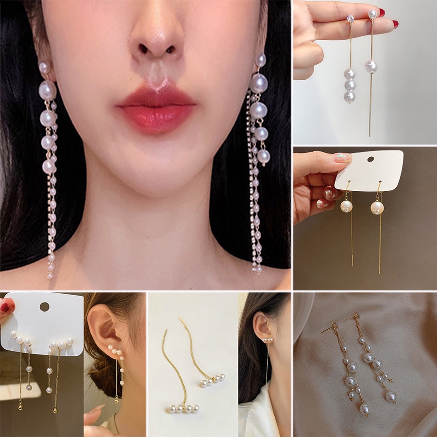 Anting Rumbai Panjang Ganda Aksen Mutiara Berlian Imitasi Gaya Korea Untuk Perhiasan Pacar