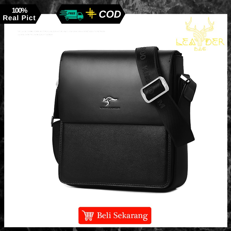 Tas Selempang Pria Kulit Asli Original New Kangaroo Kingdom Warna Hitam Dan Coklat Model Terbaru B05