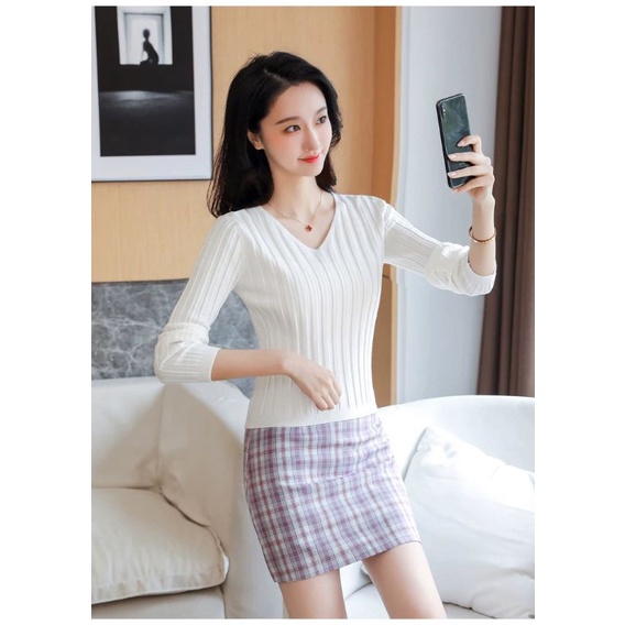 Sweater Basic V neck Soft Knit Import - Blouse Rajut Polos V neck TM (C506)