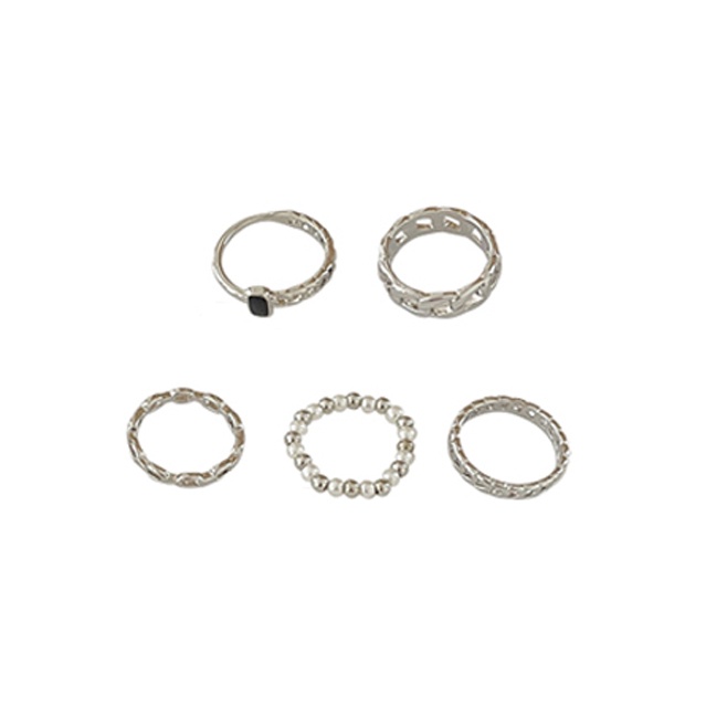 5pcs / Set Cincin Manik-Manik Mutiara Model Twist Hollow Warna Silver Untuk Wanita