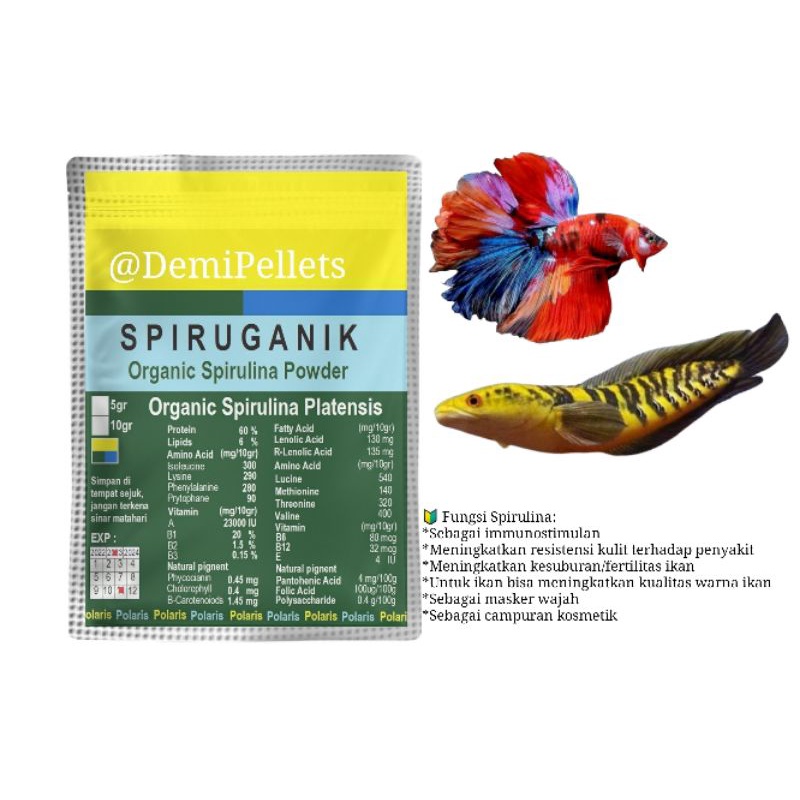 SPIRUGANIK / Spirulina Organik Food grade Mempercepat pigmentasi warna Campuran Pakan ikan hias 5 gram