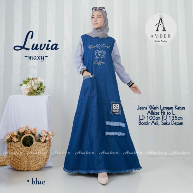 luvia gamis wanita dewasa jeans wash mix katun motif garis-garis terlaris