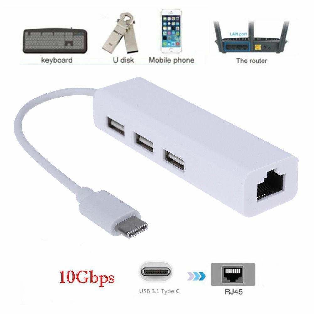 Adapter Hub Splitter Usb 3.1 10gbps Ethernet Lan Rj45 3 Port Usb-C Untuk Macbook / Pc