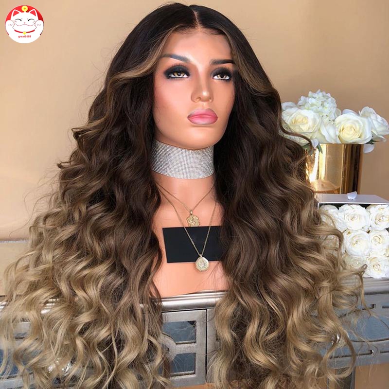 Wig / Rambut Palsu Wanita Model Panjang Keriting Gelombang Bahan Sintetis Tahan Panas Warna Gradasi Hitam / Coklat