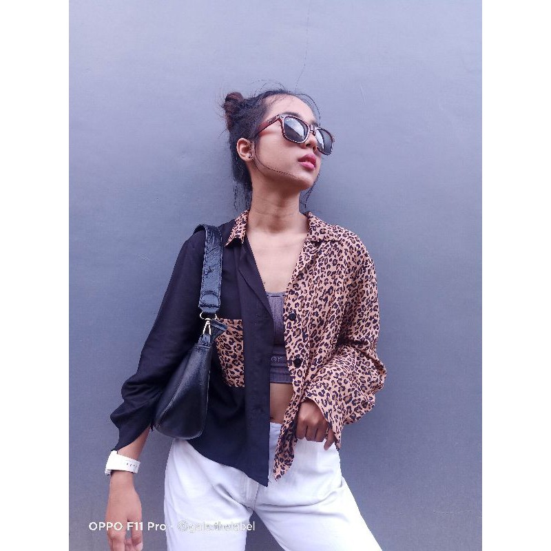 two tone kemeja-Leopard tangan panjn
