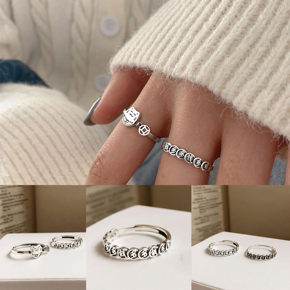 Lily Knuckle Ring Cat Styling Perak Perhiasan Aksesoris Adjustable Lucky Cat