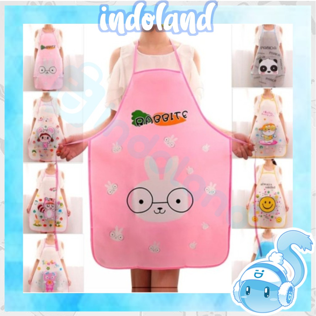 ☀INDOLAND☀ R003 Apron Masak Anti Basah Minyak  Celemek Plastik PVC Waterproof Motif Karakter Import