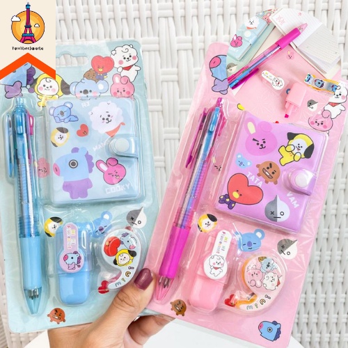 Set Alat Tulis Mini BT21 BTS isi 4 Buku Kecil Pulpen Highlighter Mini Solatip Paket Murah Kado Unik 