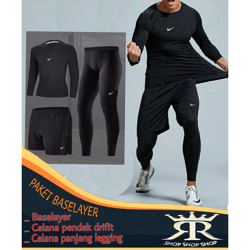 PAKET SETELAN BASELAYER LEGGING MANSET PRIA DAN CELANA FUTSAL SEPEDA VOLI FITNESS GYM PRIA WANITA-1