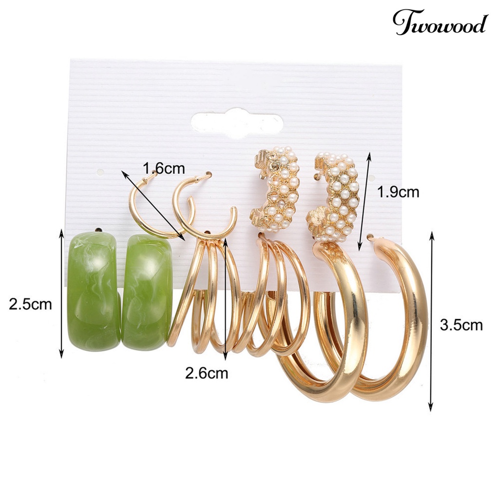 5 Pasang Anting Hoop Bentuk Bulat Aksen Mutiara Imitasi Bahan Metal Gaya Bohemian