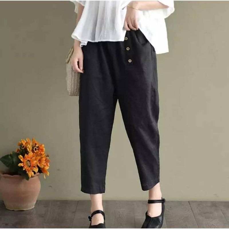 BUGGY YONERA BAGGY KULOT KATUN WANITA KOREA UNIQLO LOOSE LINEN DAILY PANTS PREMIUM CEWEK BRIAN HITAM COKLAT KUNING