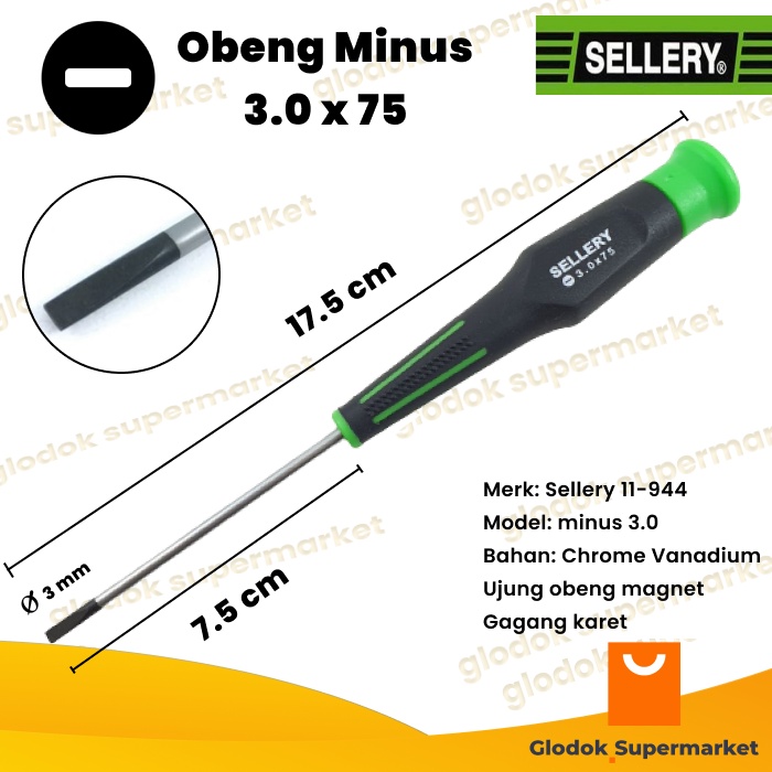 Obeng Minus 3.0 x 75 Sellery 11-944 Diameter 3mm Panjang Besi 75mm Magnet Gagang Karet