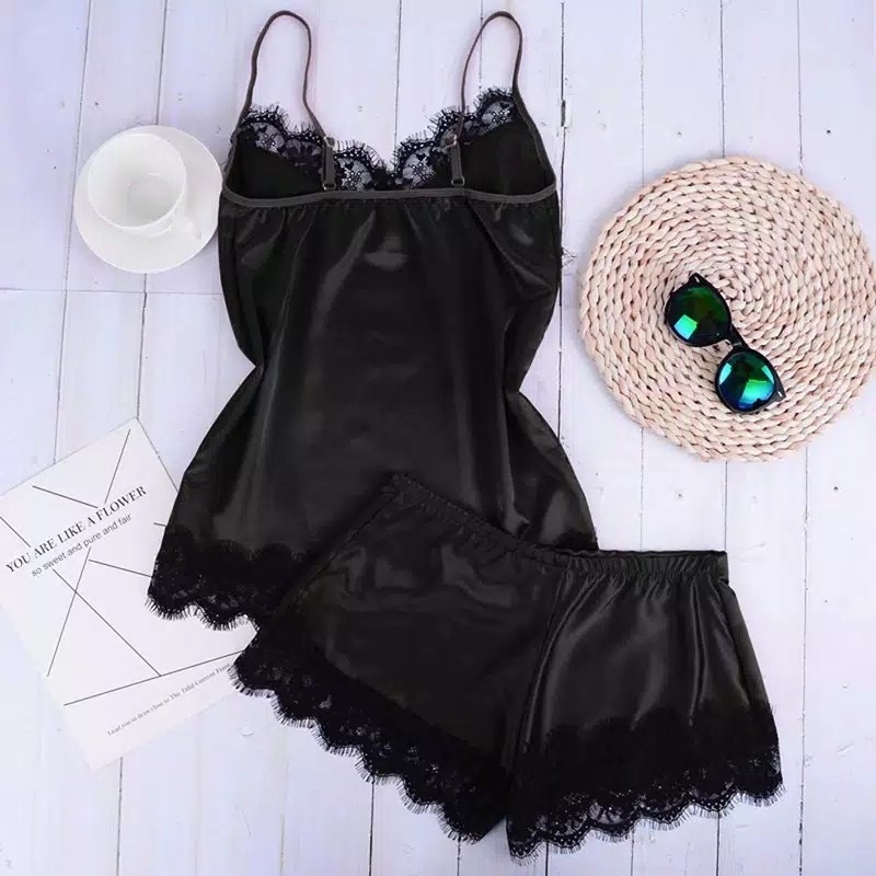 Blackpink Lingerie Sexy  Baju Celana Set Santai Casual Tidur Wanita Import Piyama Gaun Malam Satin Sleepwear Bahan Silk Set Pakain Wanita 1162-BLACK