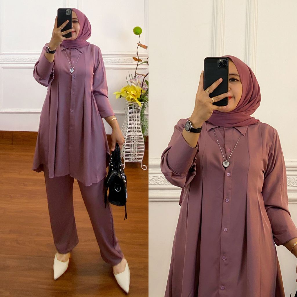 Model Baju One Set Tunik Polos Premium Wanita  Terbaru Setcel Shakila Adara