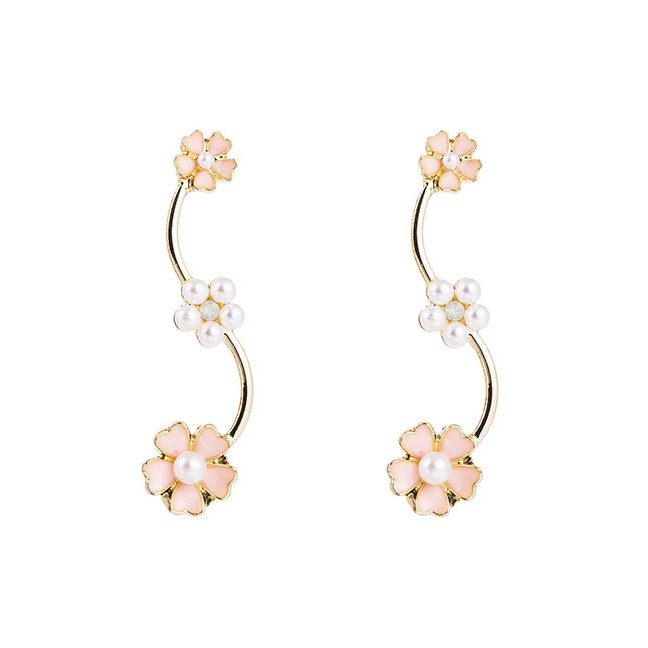 LRC Anting Tusuk Fashion Pink Alloy Stud Earrings With Pearls D94296
