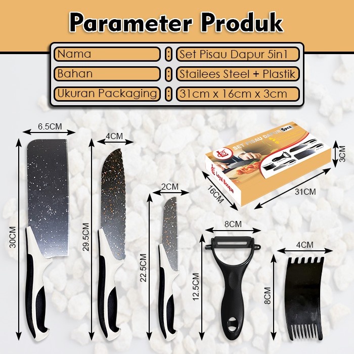 COD - Set Pisau Dapur 5 Pisau  / Pisau Dapur + Peeler Hitam / Knife Set Pisau Hitam Glitter Anti Karat Batu Maifan Jamin Tajam  Set Pisau Anti Lengket ORI 100% !!