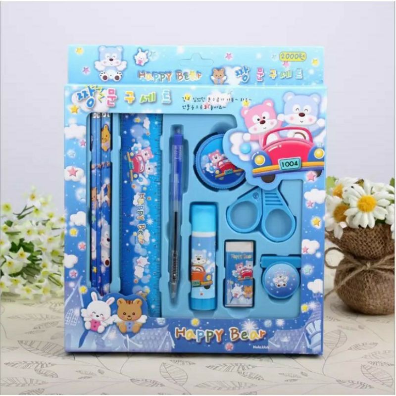 stationery set lucu - alat tulis korea pink blue bear