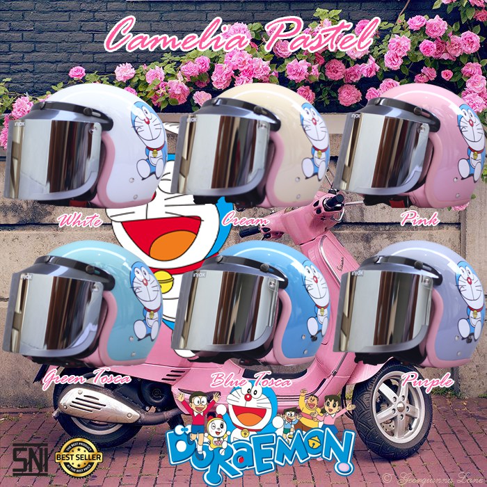 HELM BOGO CAMELIA PASTEL DORAEMON DEWASA KACA DATAR SILVER