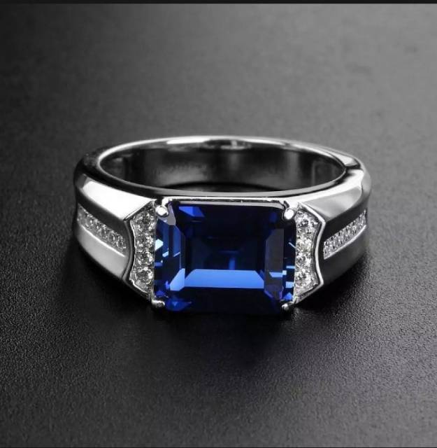 Cincin Pria Perak Blue Sapphire Safir Biru Cutting Mewah Modern Berkelas