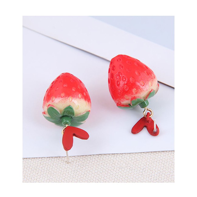 LRC Anting Tusuk Fashion Red Love Strawberry Resin Alloy Earrings A61837