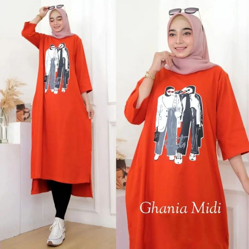 Ghania midi/baju midi dress terbaru/terlaris bahan combed 24s aplikasi sablon