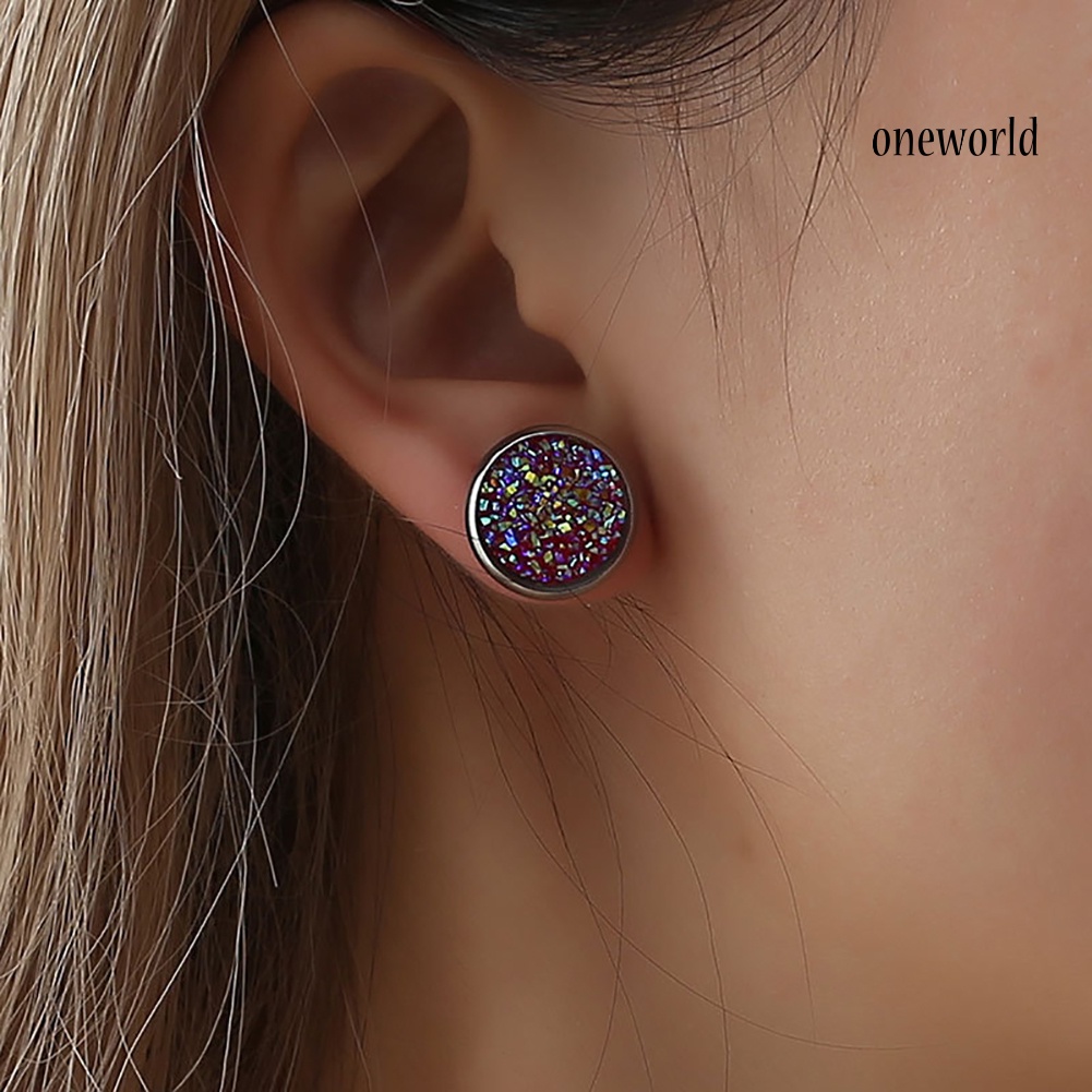 OW@ Women Round Starry Sky Ear Studs Stainless Steel Earrings Piercing Jewelry Gift