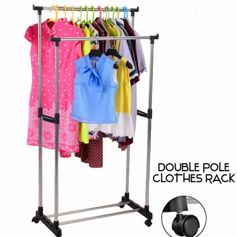 Stand Hanger Double Pole Gantungan Jemuran Baju Dobel Pole Rak Baju Serbaguna