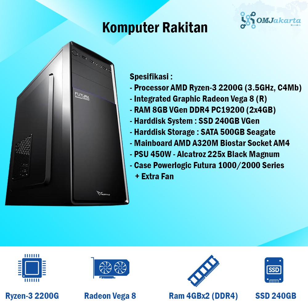 Komputer/PC Gaming Lengkap Ryzen-3 2200G + LED 20" (Siap Pakai + Bonus Games)
