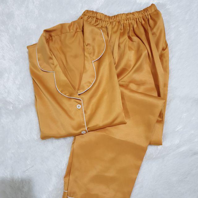Baju Tidur Piyama Pajamas Wanita/Cewek Satin Silky Velvet Cantik Simple Wanita Dewasa Full Kancing-CP MUSTARD