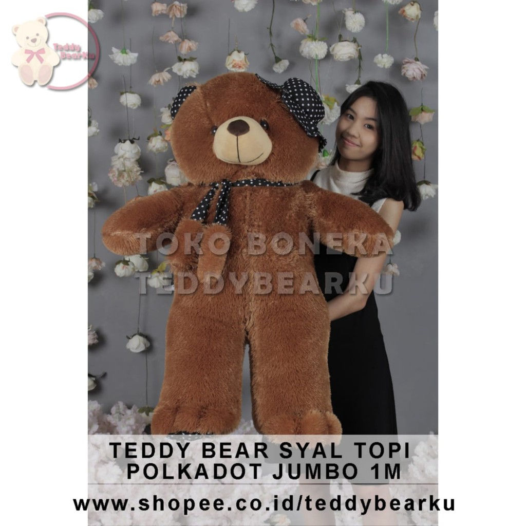 TERMURAH! BONEKA BERUANG TEDDY BEAR TOPI SYAL POLKADOT JUMBO 1 METER LUCU SUPER BESAR